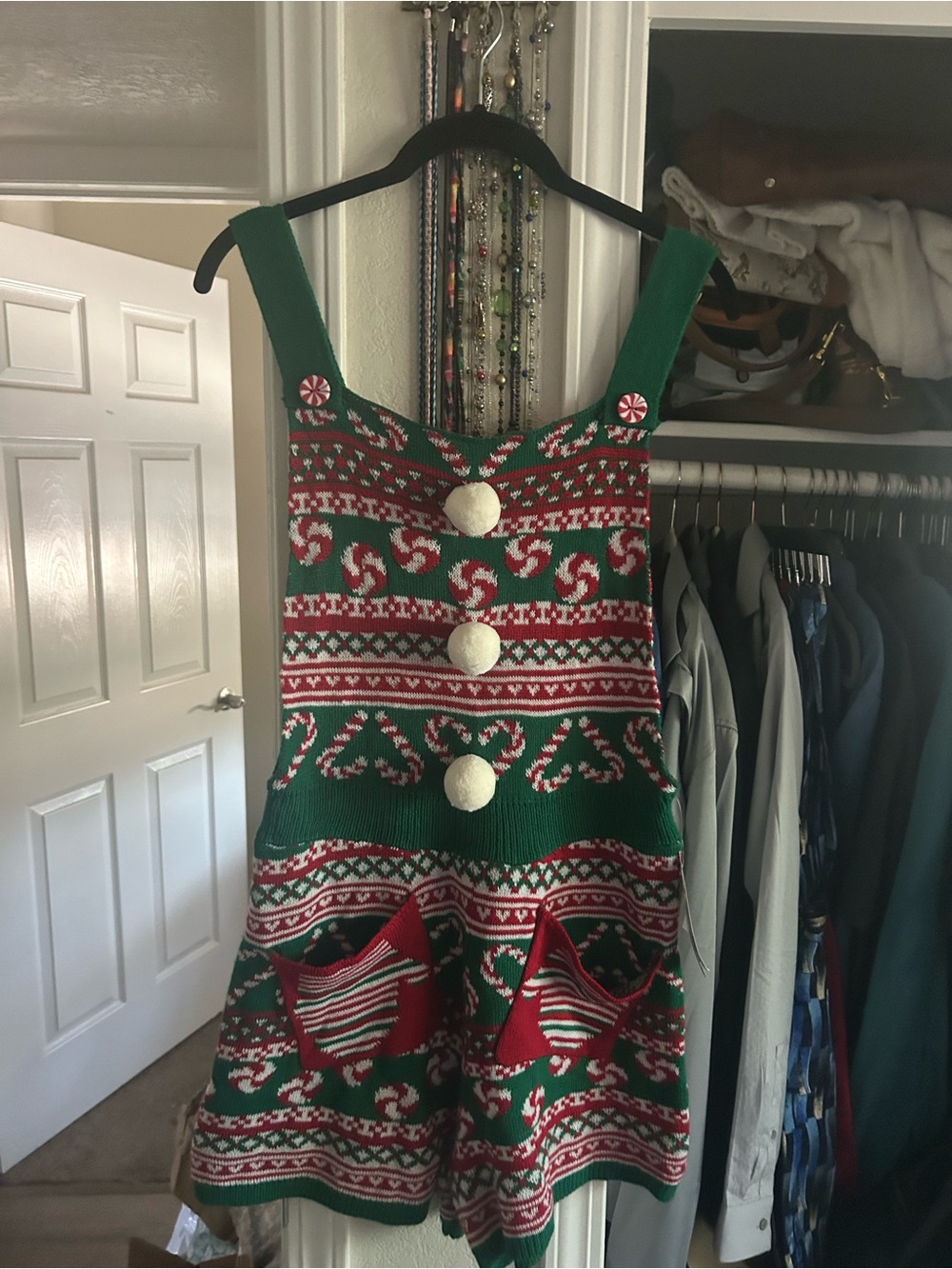 Green & Red Holiday Sweater Pinafore romper